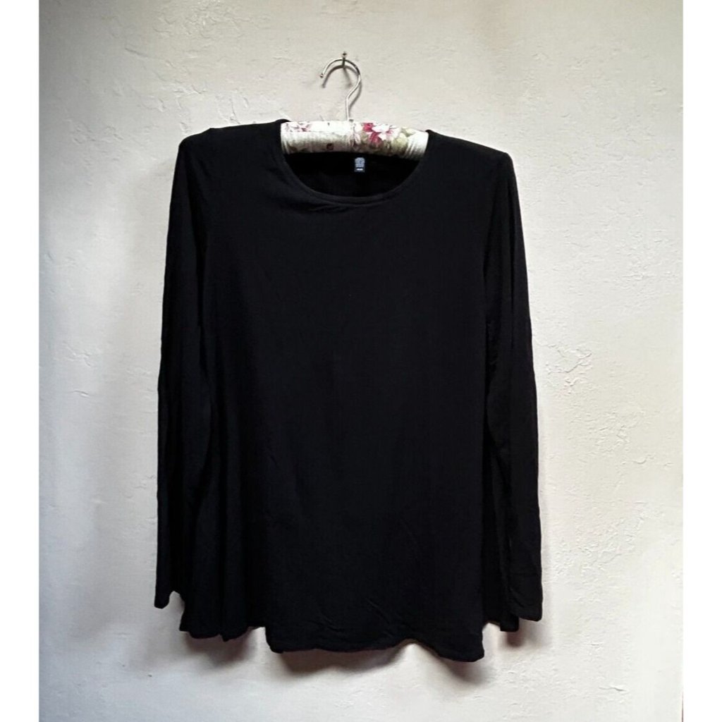 Eileen Fisher Stretch Jersey Knit Crew Neck Long Sleeve A-Line Top Black Medium